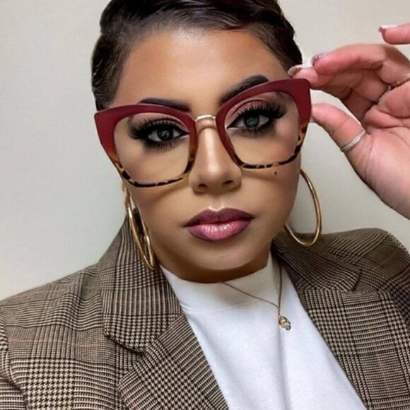 RED/LEOPARD Women Oversized Cat Eye Blue Light Blocking Glasses - Picture 1 of 3